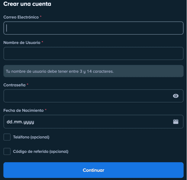 Registration at Kun Aguero casino